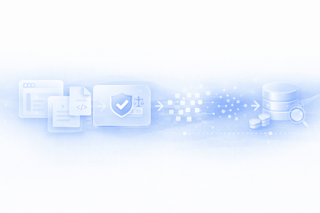 Illustration of policy-aware ingestion from sources into indexed artefacts